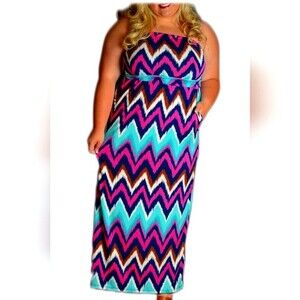Filly Flair Curvy Boutique chevron maxi dress - aqua blue, fuschia pink - 14/16